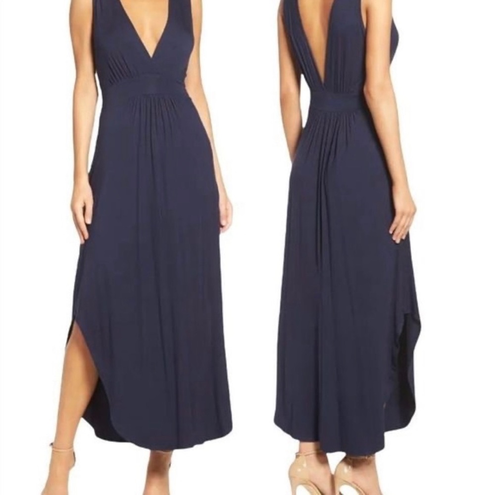 Deep V Neck Dark Blue Navy Maxi Dress